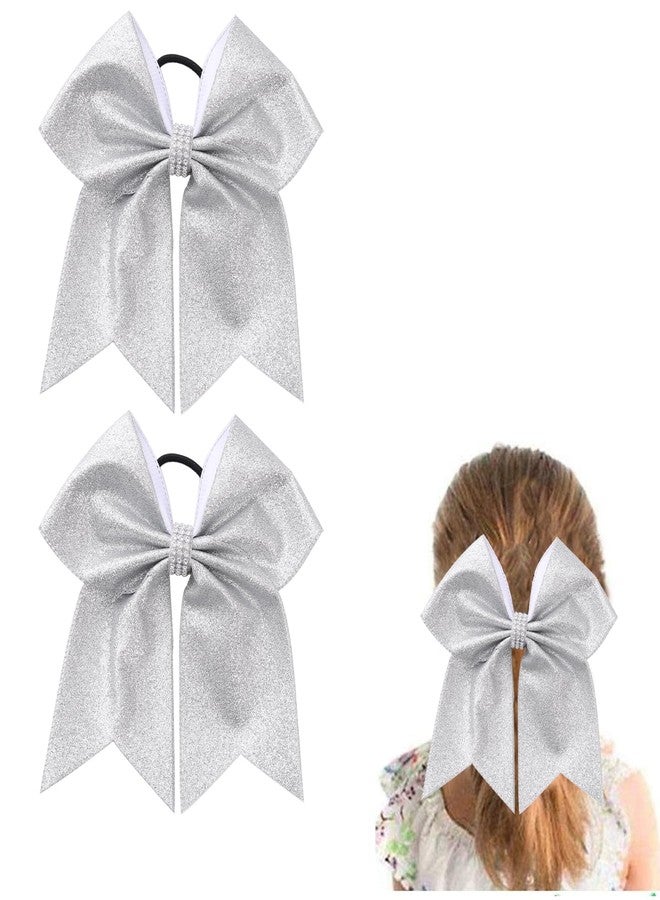 Hipcheer Large Glitter Silver Cheer bow, Hipcheer 8 Inch Large Jumbo Cheer Hair Bows Ponytail Holder Elastic Band Handmade for Cheerleaders Teen Girls College Sports (Glitter Silver) - Image 1